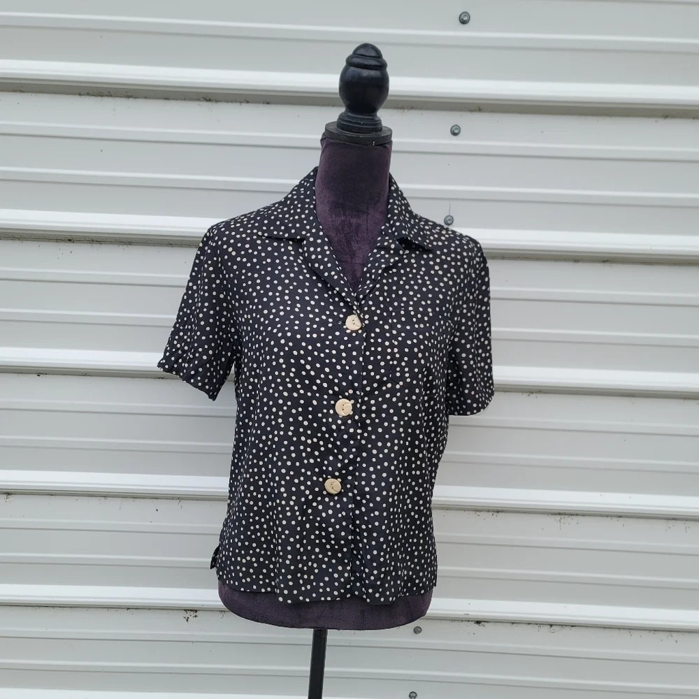 VTG STUDIO I Blazer Jacket Womens Sz 18 Black Beige Polka Dot Collared Button